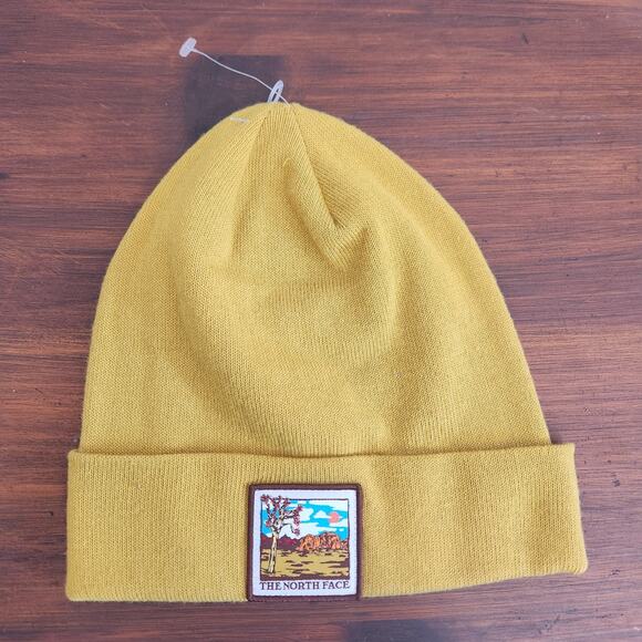 The North Face Mustard Yellow Beanie One‎ Size Desert Tree Scenic Patch New - Picture 1 of 3